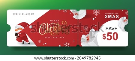 Merry Christmas Gift promotion Coupon banner with cute Santa Claus and festive decoration for christmas