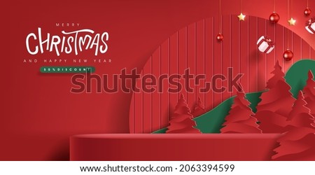 Merry Christmas banner with product display and festive decoration for christmas red background