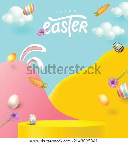 Happy easter banner product display with copy space. Traditional colored easter eggs with different ornaments. 
