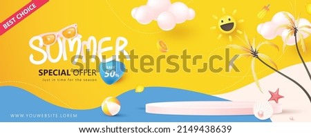 Summer sale poster banner template for promotion with product display cylindrical shape and beach elements  Stock foto © 