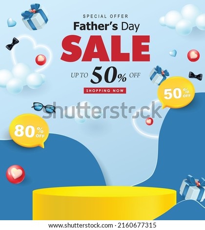 Happy Father's Day sale banner with product display cylindrical shape and gift box for dad on blue background Stock foto © 