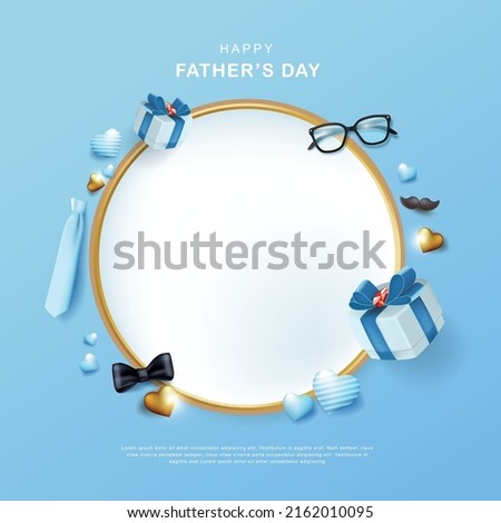 Happy fathers day greeting card background layout in circle golden frame 