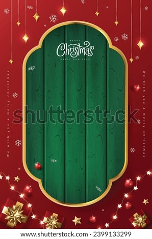 Merry Christmas sign banner green wood frame with empty space and festive decoration on red background