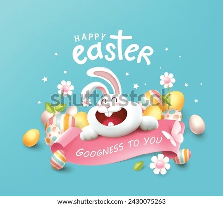 Happy easter banner card with happy bunny spring season colored easter eggs 