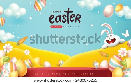 Happy easter banner product display with spring season nature landscape colored easter eggs different ornaments and copy space 