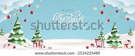 Merry christmas and happy new year greeting card with snow product display cylindrical shape copy-space and Cute snowman standing in winter christmas landscape snow falling