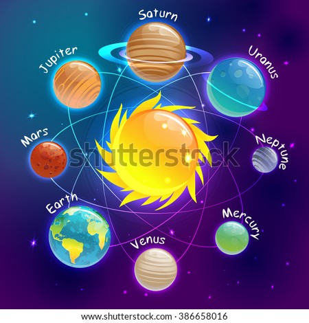 Cartoons Planets Colorful Vector Set Against The Starry Sky. Solar ...