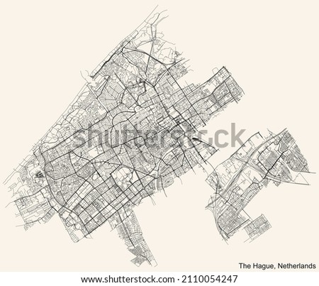 Detailed navigation black lines urban street roads map of the Dutch regional capital city of THE HAGUE, NETHERLANDS on vintage beige background