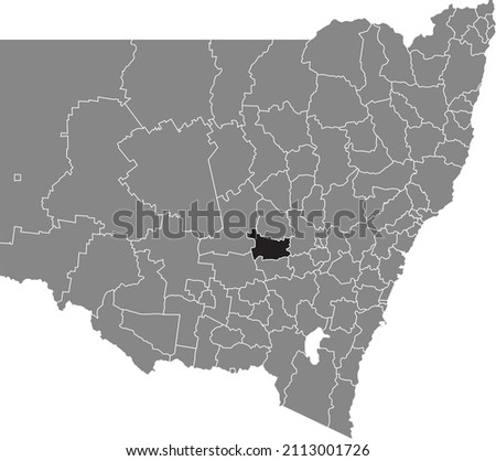 Black flat blank highlighted location map of the FORBES SHIRE AREA inside gray administrative map of districts of Australian state of New South Wales, Australia