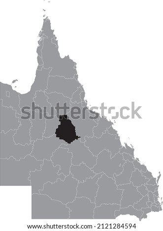 Black flat blank highlighted location map of the SHIRE OF FLINDERS AREA inside gray administrative map of areas of the Australian state of Queensland, Australia