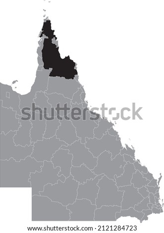 Black flat blank highlighted location map of the SHIRE OF COOK AREA inside gray administrative map of areas of the Australian state of Queensland, Australia