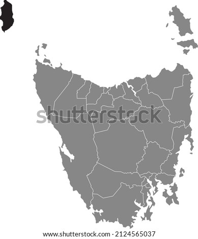 Black flat blank highlighted location map of the KING ISLAND AREA inside gray administrative map of areas of the Australian state of Tasmania, Australia