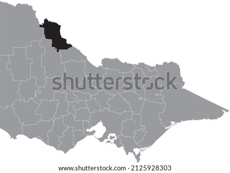 Black flat blank highlighted location map of the RURAL CITY OF SWAN HILL AREA inside gray administrative map of areas of the Australian state of Victoria, Australia