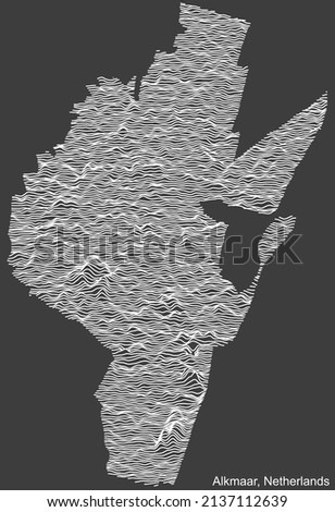 Topographic negative relief map of the city of ALKMAAR, NETHERLANDS with white contour lines on dark gray background