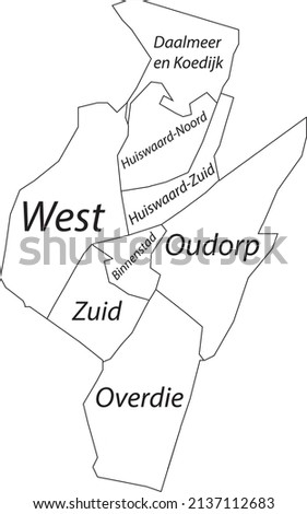 White flat vector administrative map of ALKMAAR, NETHERLANDS with name tags and black border lines of its districts