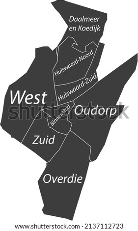 Dark gray flat vector administrative map of ALKMAAR, NETHERLANDS with name tags and white border lines of its districts