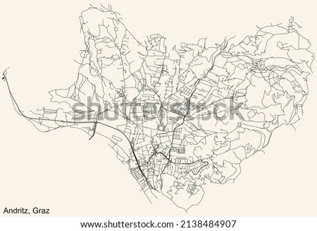 Detailed navigation black lines urban street roads map of the ANDRITZ DISTRICT of the Austrian regional capital city of Graz, Austria on vintage beige background