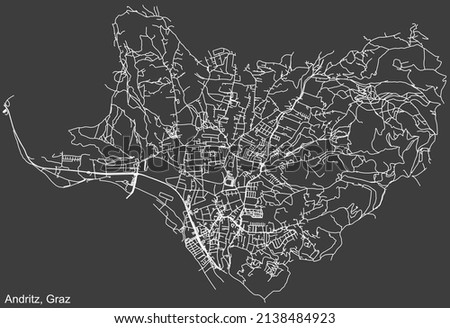 Detailed negative navigation white lines urban street roads map of the ANDRITZ DISTRICT of the Austrian regional capital city of Graz, Austria on dark gray background