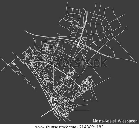 Detailed negative navigation white lines urban street roads map of the MAINZ-KASTEL DISTRICT of the German regional capital city of Wiesbaden, Germany on dark gray background