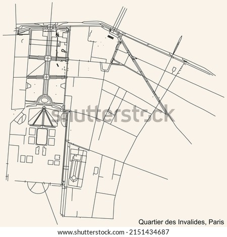 Detailed navigation black lines urban street roads map of the LES INVALIDES QUARTER of the French capital city of Paris, France on vintage beige background