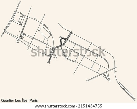 Detailed navigation black lines urban street roads map of the LES ILES - NOTRE-DAME QUARTER of the French capital city of Paris, France on vintage beige background