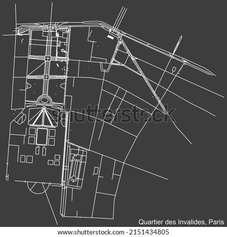 Detailed negative navigation white lines urban street roads map of the LES INVALIDES QUARTER of the French capital city of Paris, France on dark gray background
