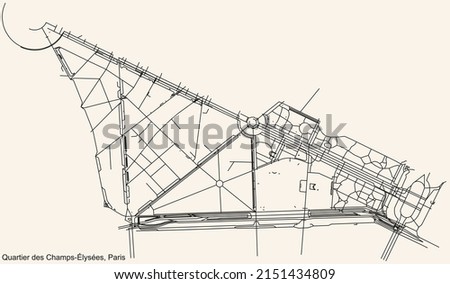 Detailed navigation black lines urban street roads map of the CHAMPS-ÉLYSÉES QUARTER of the French capital city of Paris, France on vintage beige background