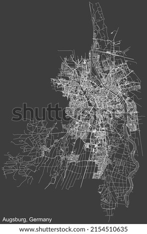 Detailed negative navigation white lines urban street roads map of the German regional capital city of AUGSBURG, GERMANY on dark gray background