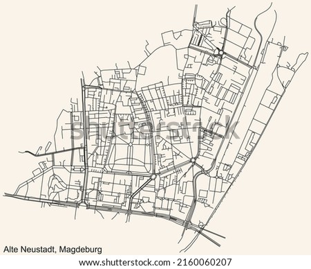 Detailed navigation black lines urban street roads map of the ALTE NEUSTADT DISTRICT of the German regional capital city of Magdeburg, Germany on vintage beige background