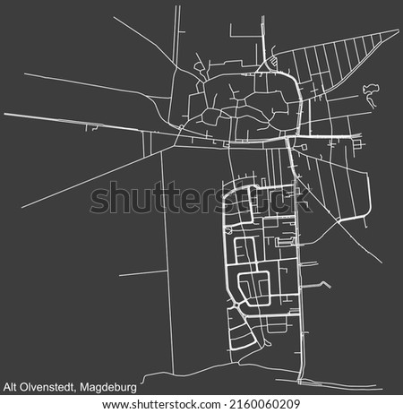 Detailed negative navigation white lines urban street roads map of the ALT OLVENSTEDT DISTRICT of the German regional capital city of Magdeburg, Germany on dark gray background