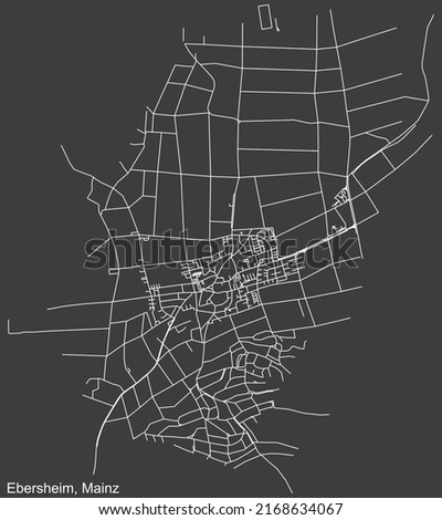 Detailed negative navigation white lines urban street roads map of the EBERSHEIM DISTRICT of the German regional capital city of Mainz, Germany on dark gray background