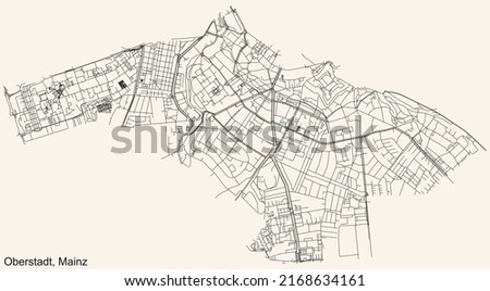Detailed navigation black lines urban street roads map of the OBERSTADT DISTRICT of the German regional capital city of Mainz, Germany on vintage beige background
