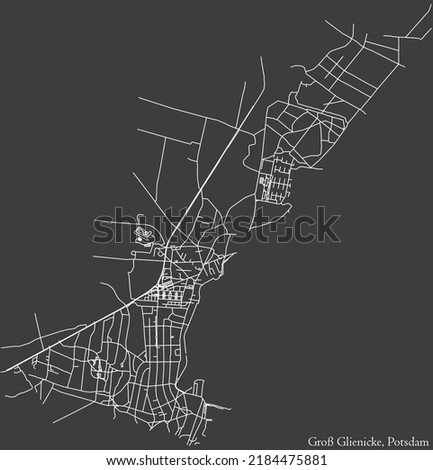 Detailed negative navigation white lines urban street roads map of the GROSS GLIENICKE DISTRICT of the German regional capital city of Potsdam, Germany on dark gray background