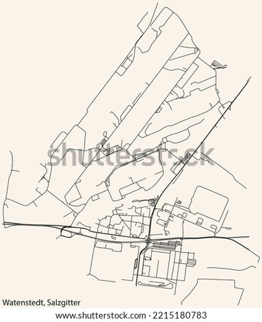 Detailed navigation black lines urban street roads map of the WATENSTEDT QUARTER of the German regional capital city of Salzgitter, Germany on vintage beige background