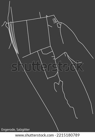 Detailed negative navigation white lines urban street roads map of the ENGERODE QUARTER of the German regional capital city of Salzgitter, Germany on dark gray background