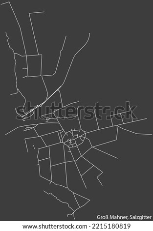 Detailed negative navigation white lines urban street roads map of the GROSS MAHNER QUARTER of the German regional capital city of Salzgitter, Germany on dark gray background