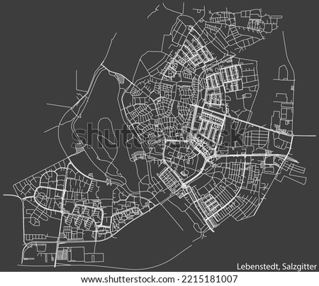 Detailed negative navigation white lines urban street roads map of the LEBENSTEDT QUARTER of the German regional capital city of Salzgitter, Germany on dark gray background