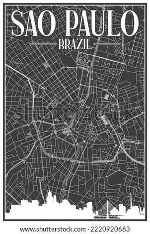 Black vintage hand-drawn printout streets network map of the downtown SAO PAULO, BRAZIL with highlighted city skyline and lettering