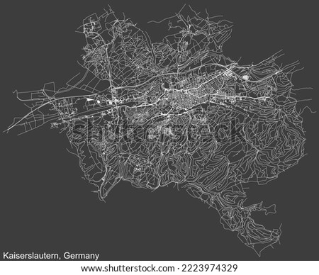 Detailed negative navigation white lines urban street roads map of the German regional capital city of KAISERSLAUTERN, GERMANY on dark gray background