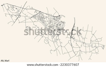 Detailed navigation black lines urban street roads map of the ALT-MARL MUNICIPALITY of the German regional capital city of Marl, Germany on vintage beige background