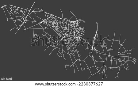 Detailed negative navigation white lines urban street roads map of the ALT-MARL MUNICIPALITY of the German regional capital city of Marl, Germany on dark gray background