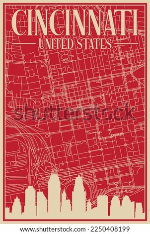 Red hand-drawn framed poster of the downtown CINCINNATI, UNITED STATES OF AMERICA with highlighted vintage city skyline and lettering
