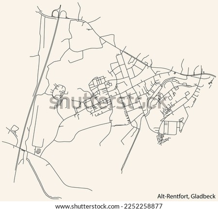 Detailed navigation black lines urban street roads map of the ALT-RENTFORT DISTRICT of the German town of GLADBECK, Germany on vintage beige background