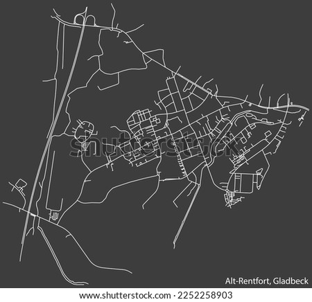 Detailed negative navigation white lines urban street roads map of the ALT-RENTFORT DISTRICT of the German town of GLADBECK, Germany on dark gray background