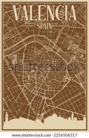 Brown hand-drawn framed poster of the downtown VALENCIA, SPAIN with highlighted vintage city skyline and lettering