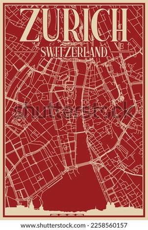 Red hand-drawn framed poster of the downtown ZURICH, SWITZERLAND with highlighted vintage city skyline and lettering
