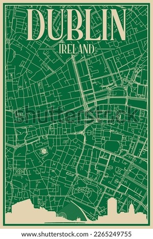 Green hand-drawn framed poster of the downtown DUBLIN, IRELAND with highlighted vintage city skyline and lettering