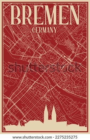Red hand-drawn framed poster of the downtown BREMEN, GERMANY with highlighted vintage city skyline and lettering