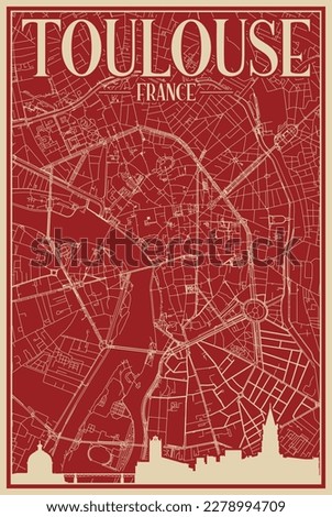 Red hand-drawn framed poster of the downtown TOULOUSE, FRANCE with highlighted vintage city skyline and lettering