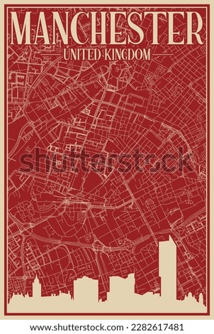 Colorful hand-drawn framed poster of the downtown MANCHESTER, UNITED KINGDOM with highlighted vintage city skyline and lettering